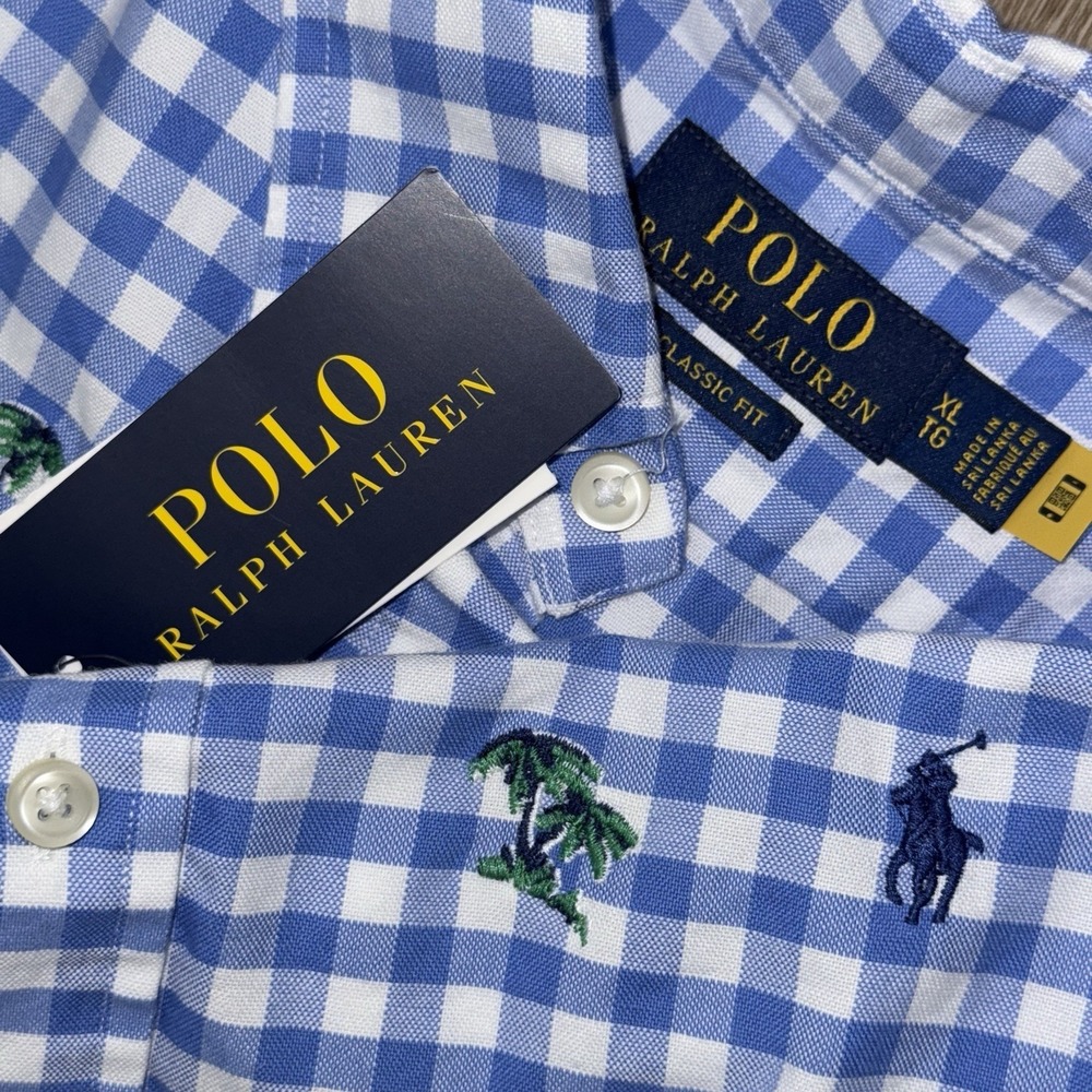 NWT Polo Ralph Lauren Short Sleeve Oxford Men's XL Blue White Check Palm Trees